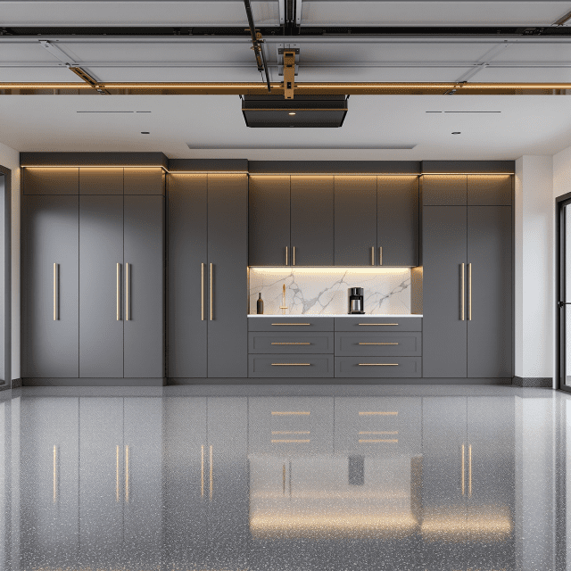 Garage interior showing sleek charcoal grey cabinetry with gold hardware, a marble-patterned countertop, and high-performance grey aggregate epoxy floor coating.