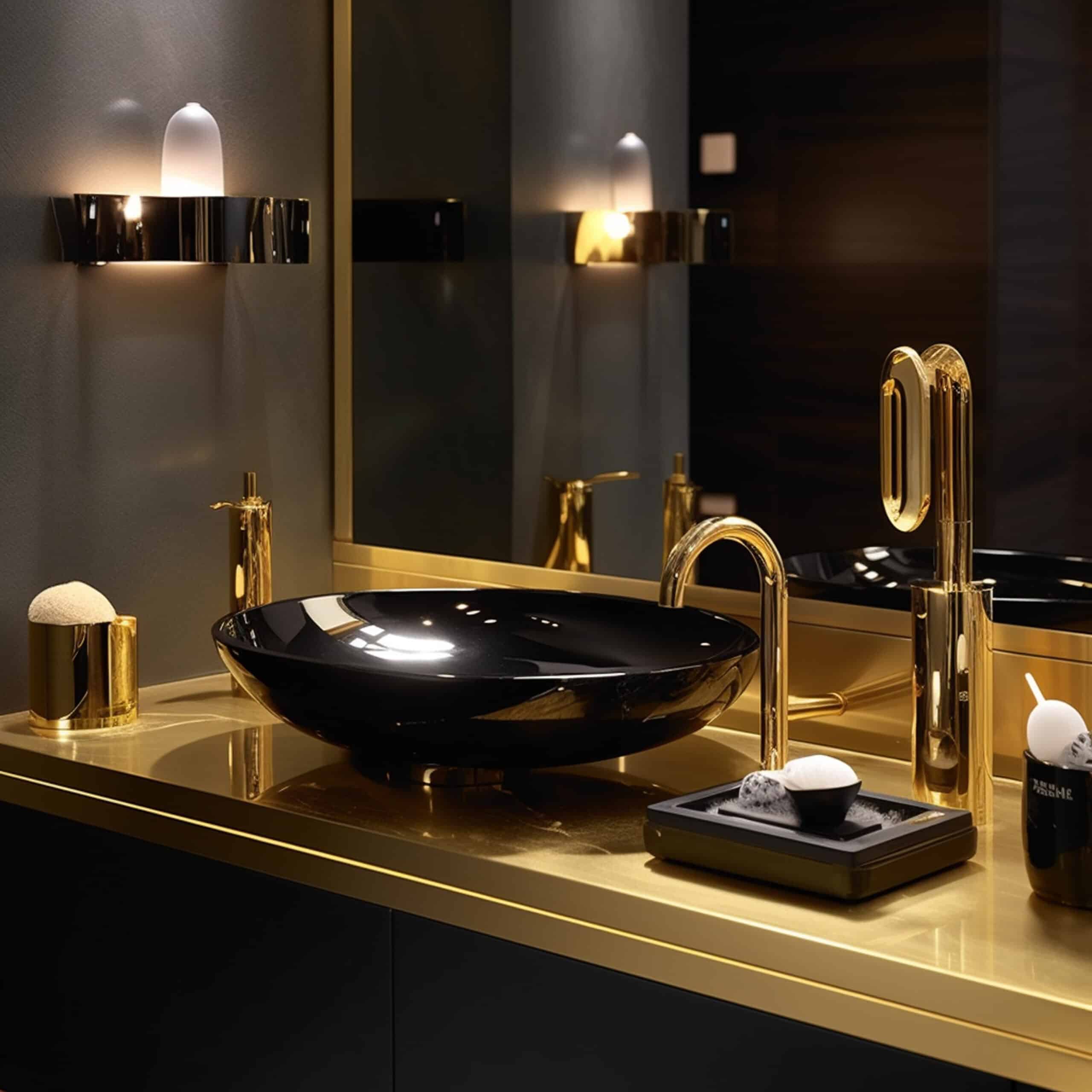 bathroom with sink mirror with gold faucet scaled