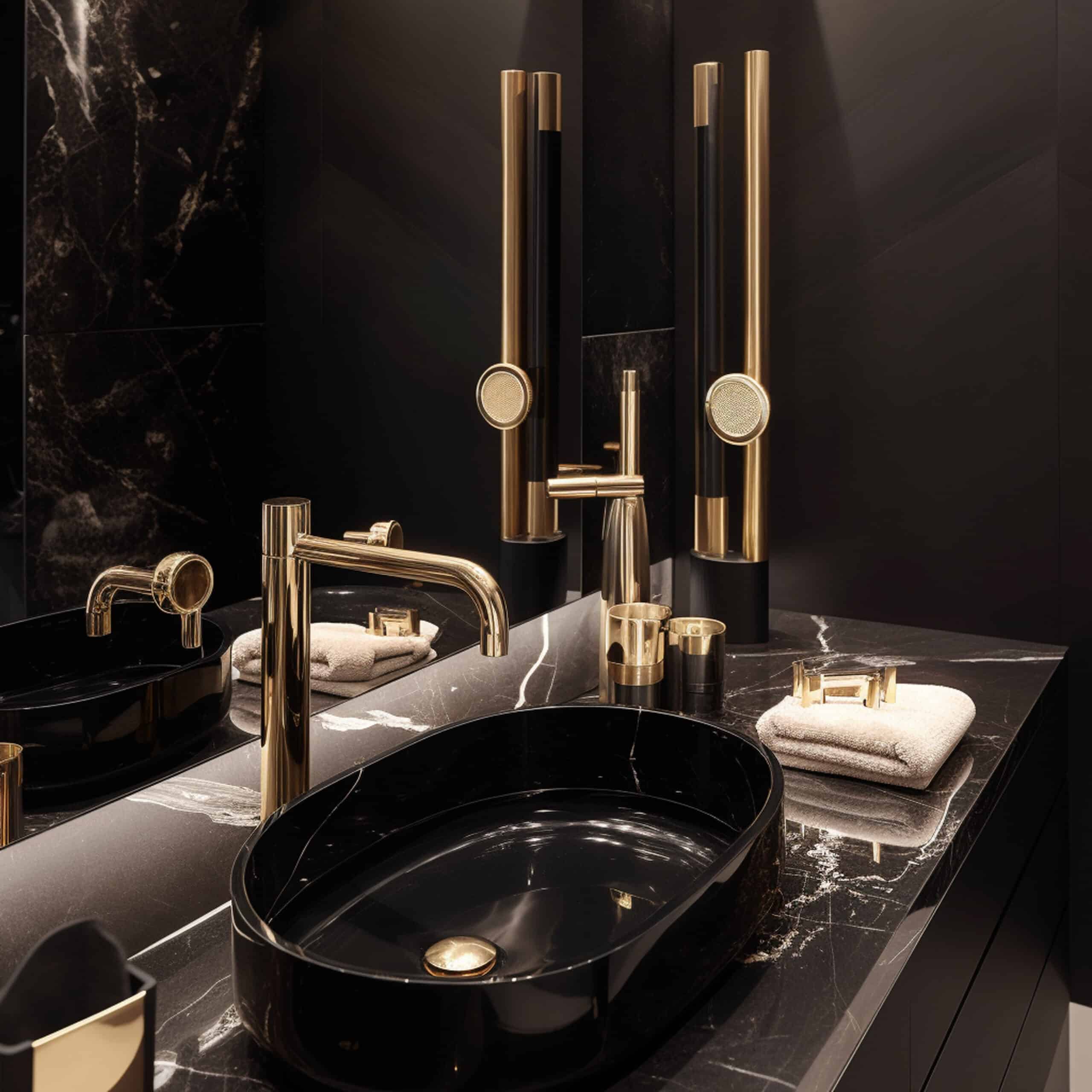 bathroom with sink mirror with gold faucets scaled