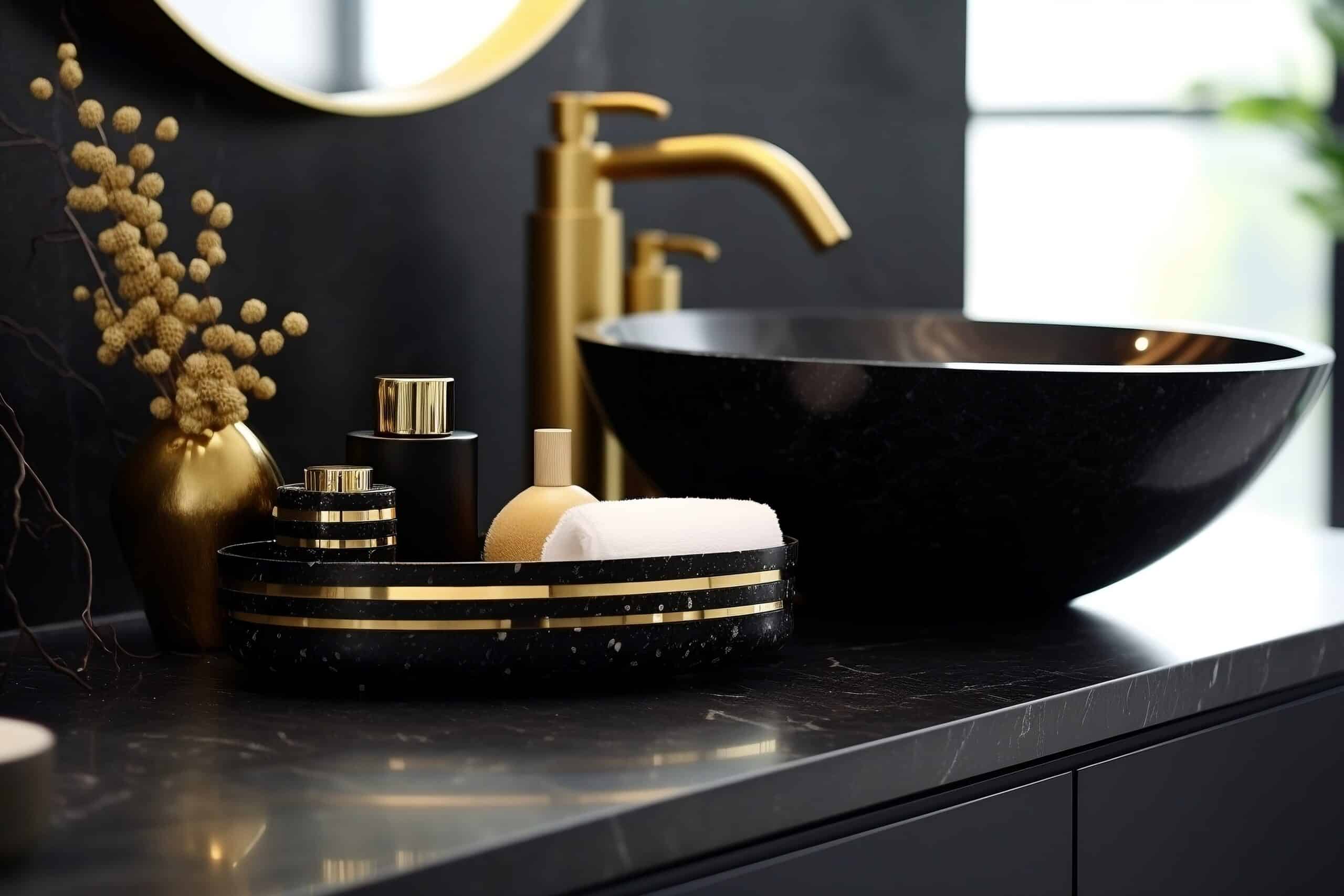 elegant bathroom interior with different toiletries black gold marble scaled