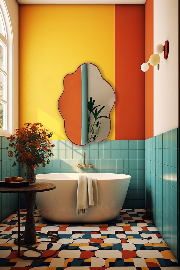 Incorporate a wavy mirror to add an eclectic touch. Its unconventional shape can break up straight lines and add a fun, artistic vibe to your bathroom.
