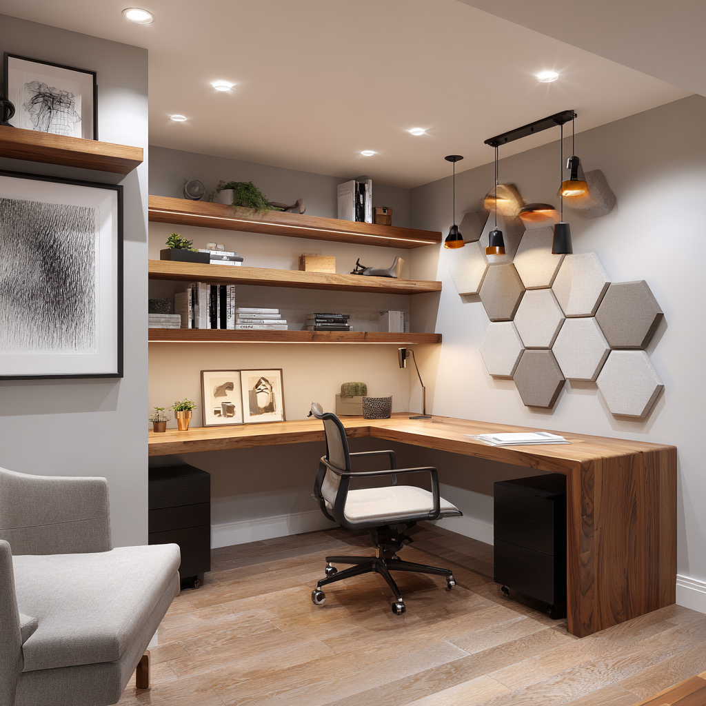 A professional basement home office featuring a wooden corner desk floating shelves and hexagonal acoustic wall panels