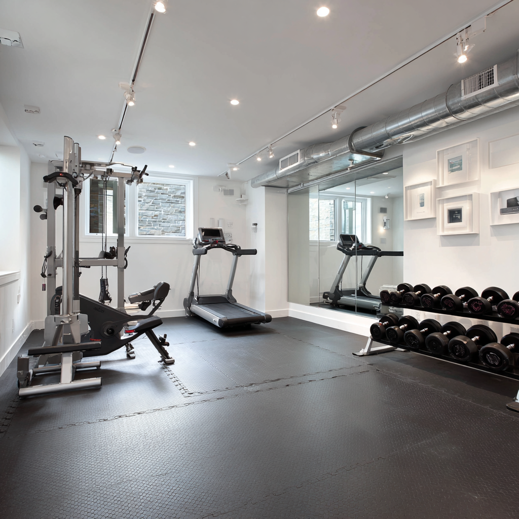 A brightly lit basement gym featuring black rubber flooring full length mirrors a treadmill and a weight rack