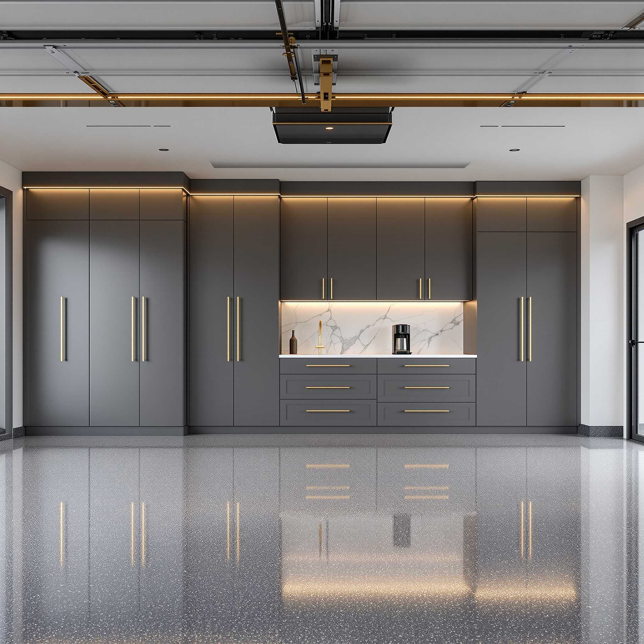 Garage interior showing sleek charcoal grey cabinetry with gold hardware, a marble-patterned countertop, and high-performance grey aggregate epoxy floor coating.
