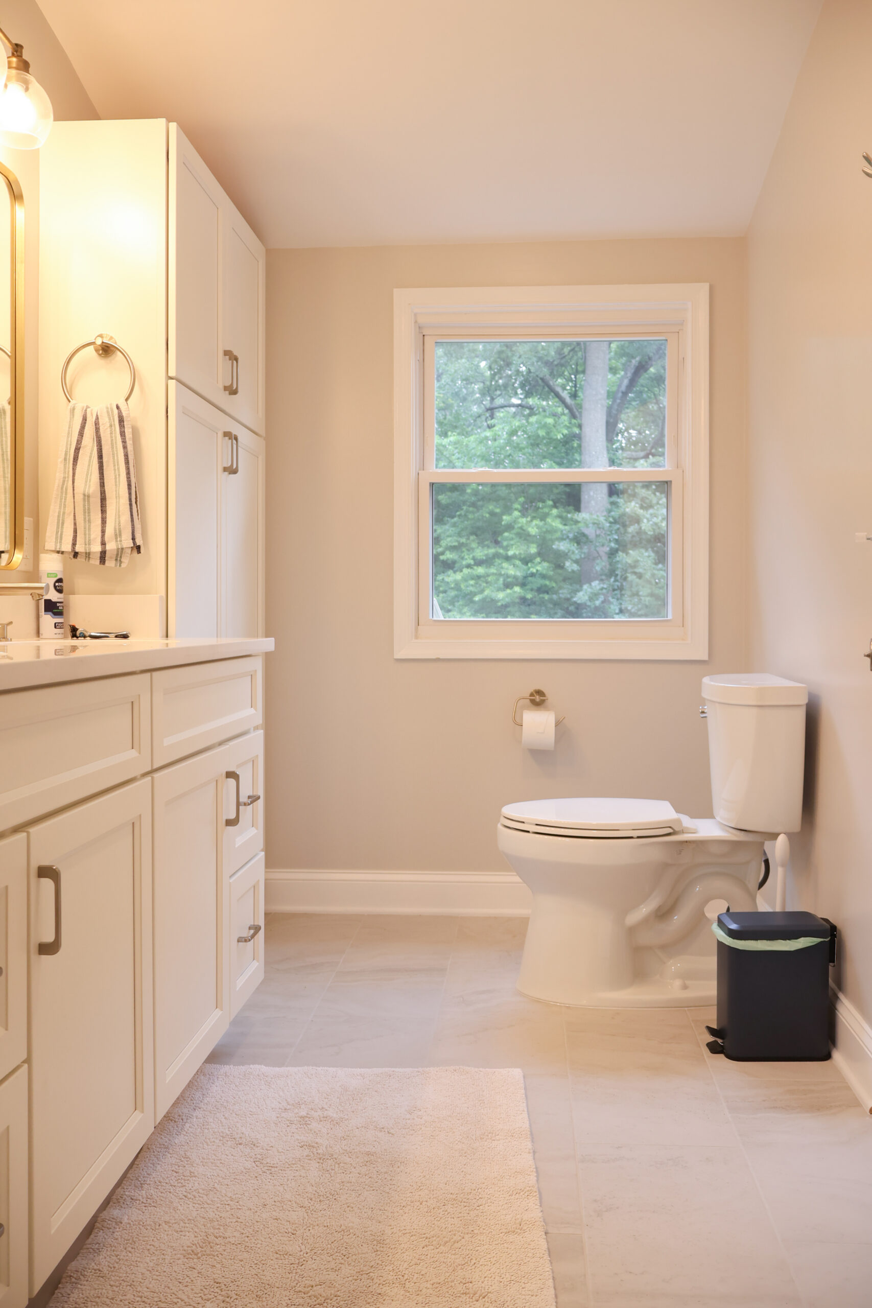 Bathroom update showing a custom linen tower and high-efficiency toilet.