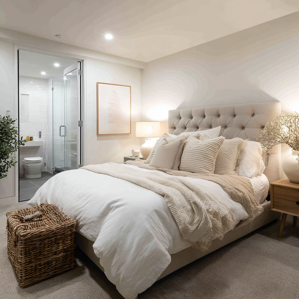 A luxury basement guest suite featuring a high end bedroom design and a glass enclosed ensuite bathroom