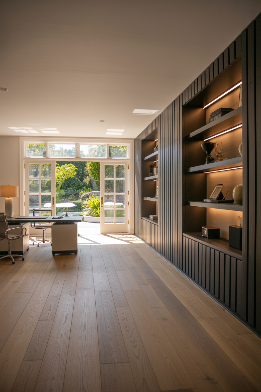 A spacious home office converted from a garage featuring wide-plank oak floors, custom slatted wall shelving with integrated LED lighting, and French doors leading to a garden.