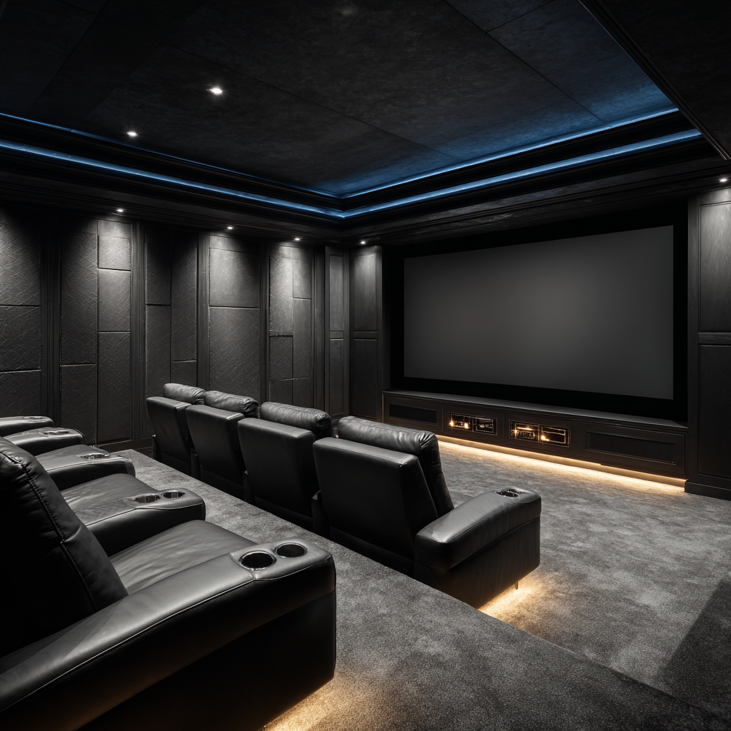 A windowless luxury home theater in a basement with tiered black leather recliners and cinematic blue LED ceiling lighting
