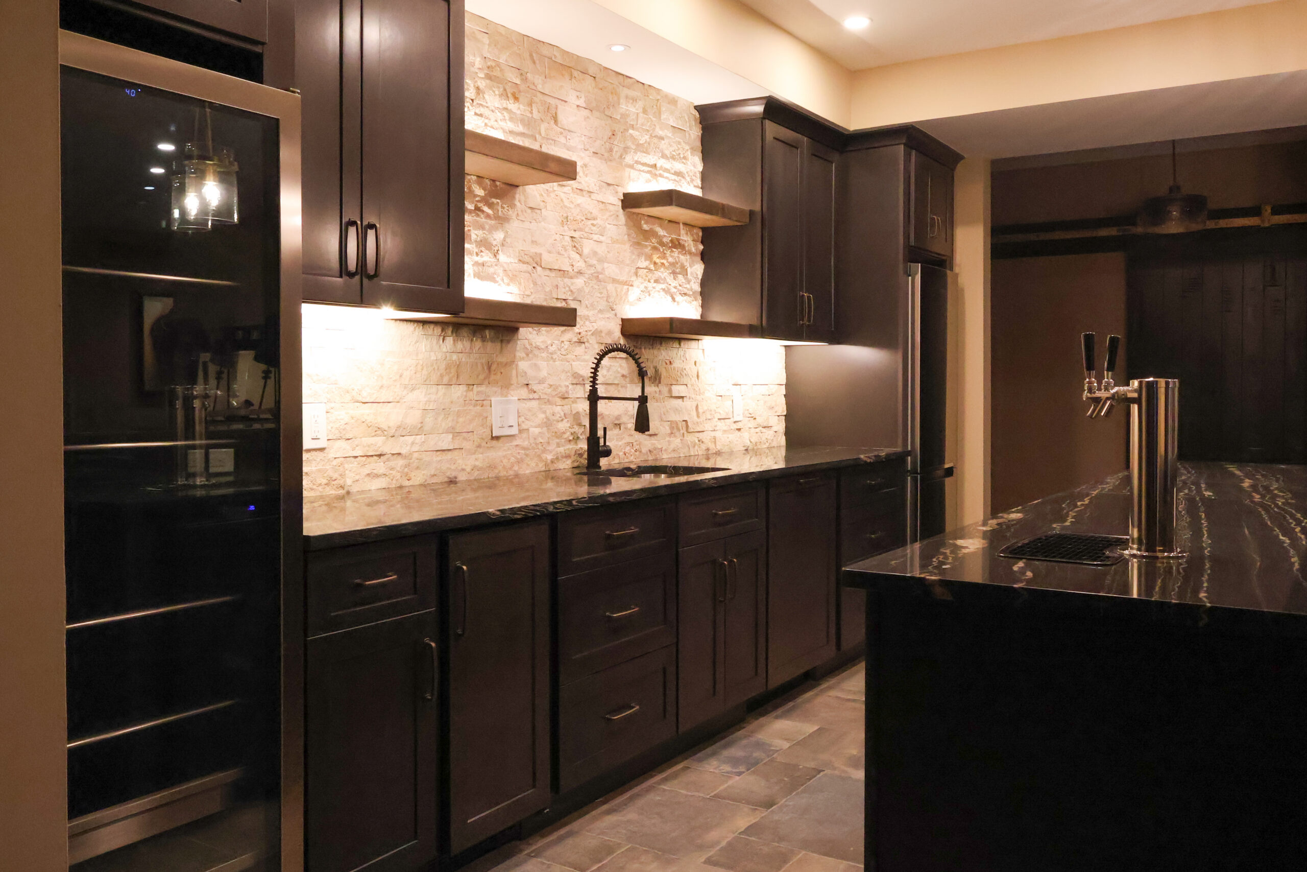 Professional bar setup with wine fridge and dual tap kegerator