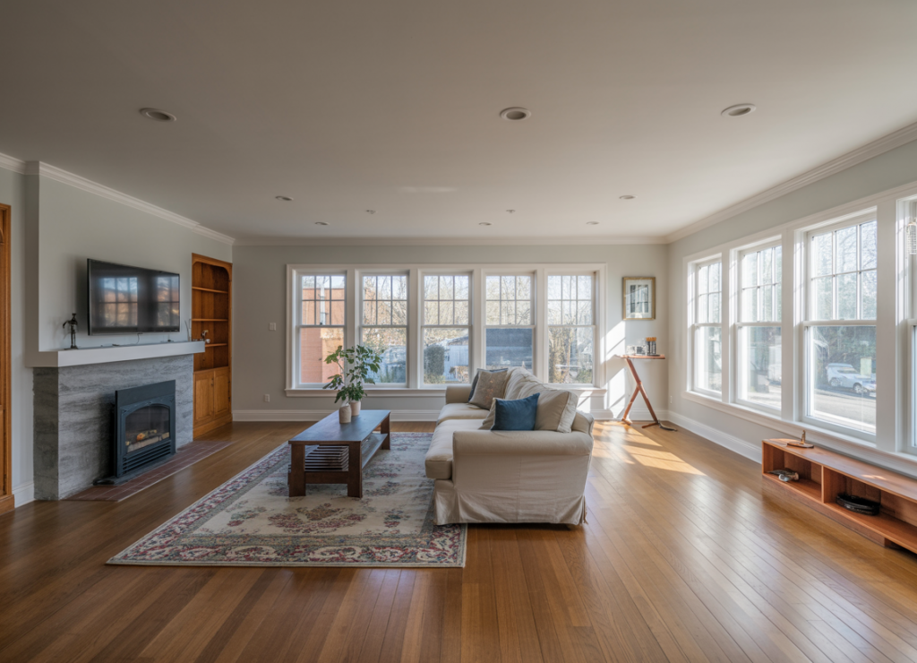 Interior view of a newly built home addition in DC featuring hardwood floors, a stone fireplace, and expansive windows for natural light.