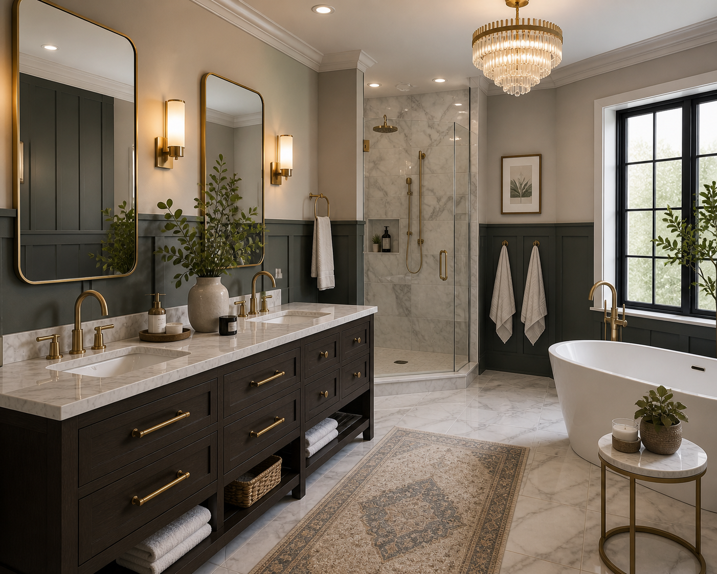 Board and batten primary bathroom with dark panel wainscoting, dual vanity, gold fixtures, walk-in shower, and freestanding tub
