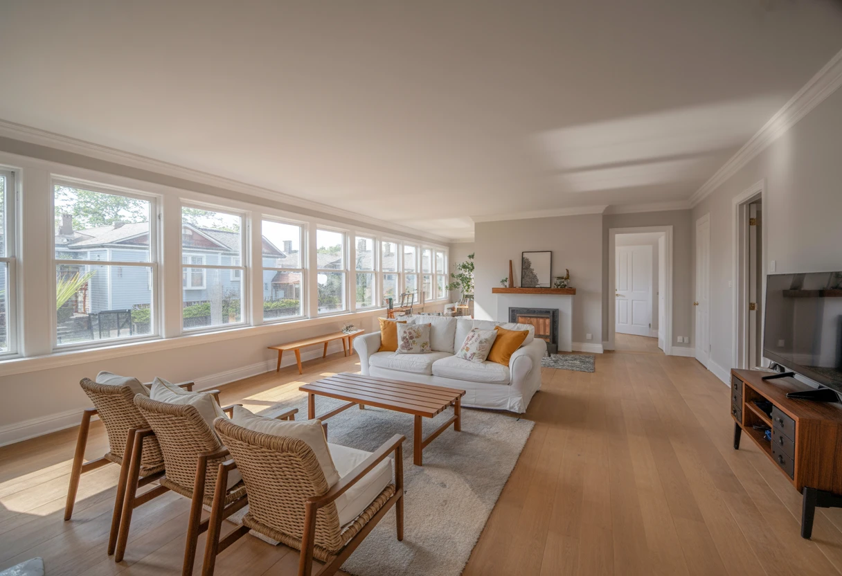 Home addition in Chantilly, VA featuring an open-plan living room with floor-to-ceiling windows, hardwood floors, and a fireplace