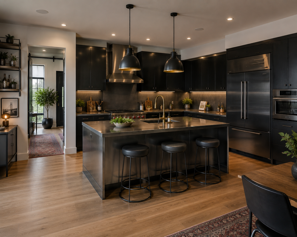 Brushed stainless steel metal kitchen cabinets with white quartz island, globe pendant lights, and hardwood floors in an open-plan kitchen