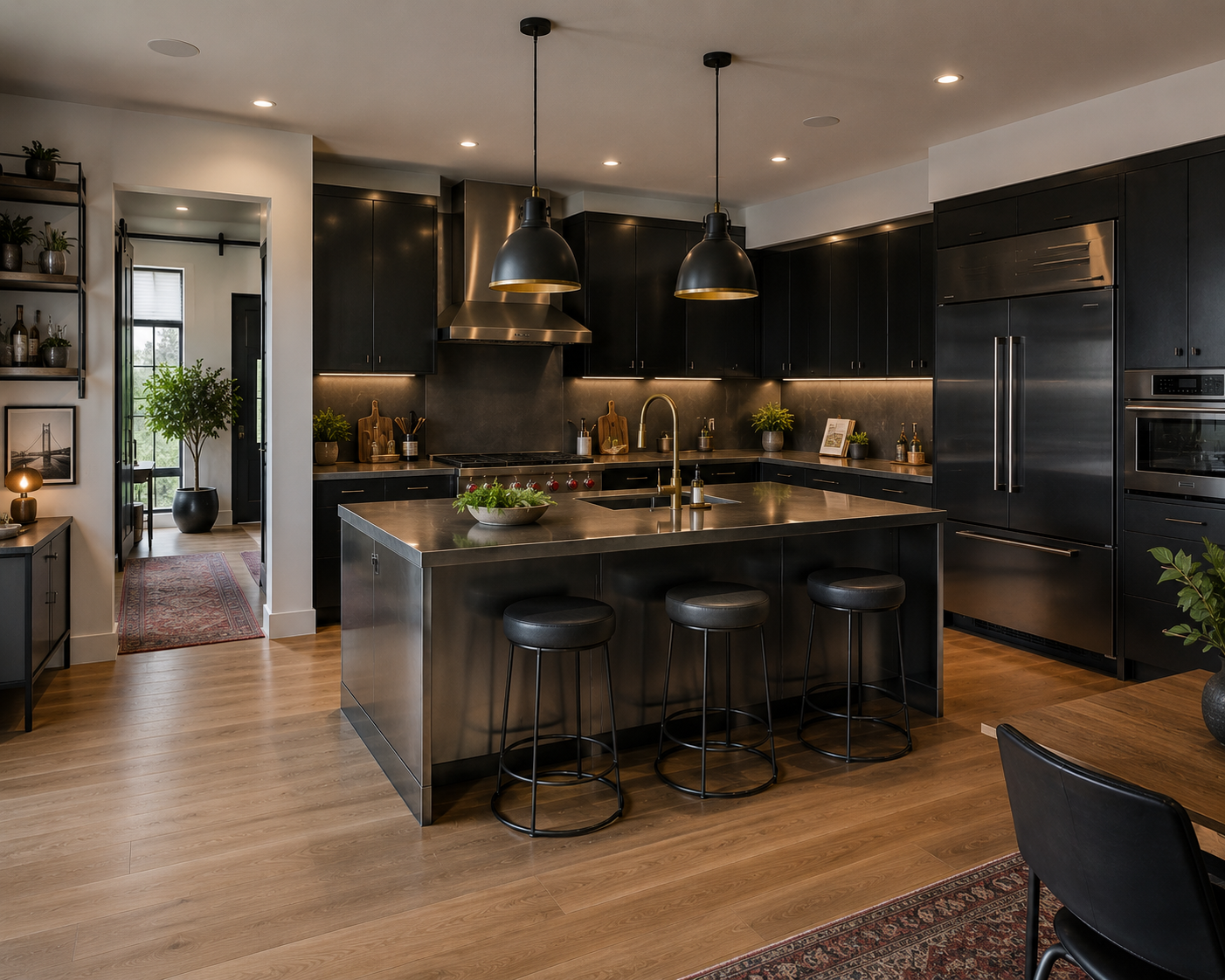 Brushed stainless steel metal kitchen cabinets with white quartz island, globe pendant lights, and hardwood floors in an open-plan kitchen