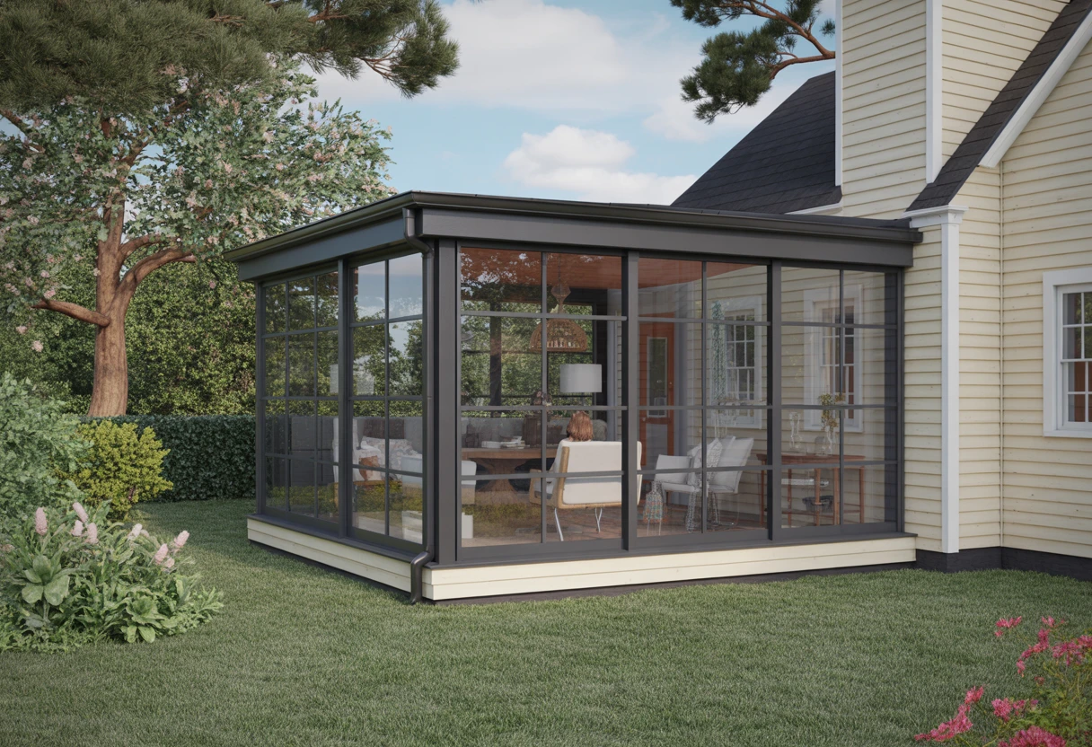 Four-season sunroom addition in McLean, VA with full floor-to-ceiling glass walls, dark aluminum frame, interior dining and lounge area, attached to a traditional home with mature landscaped yard by Build Design Center