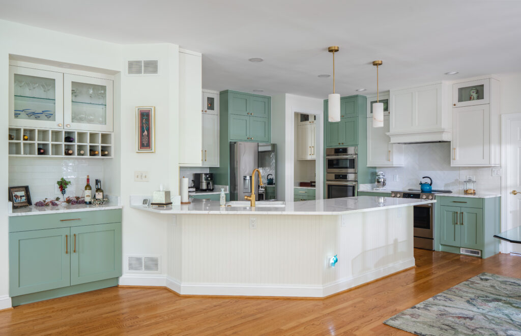 Kitchen with a large island providing extra workspace