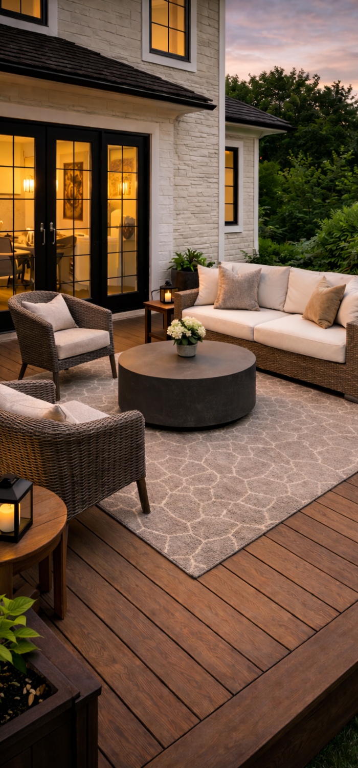 Backyard deck patio remodeling with outdoor seating area, composite decking, lantern lighting, and glass doors connecting to house