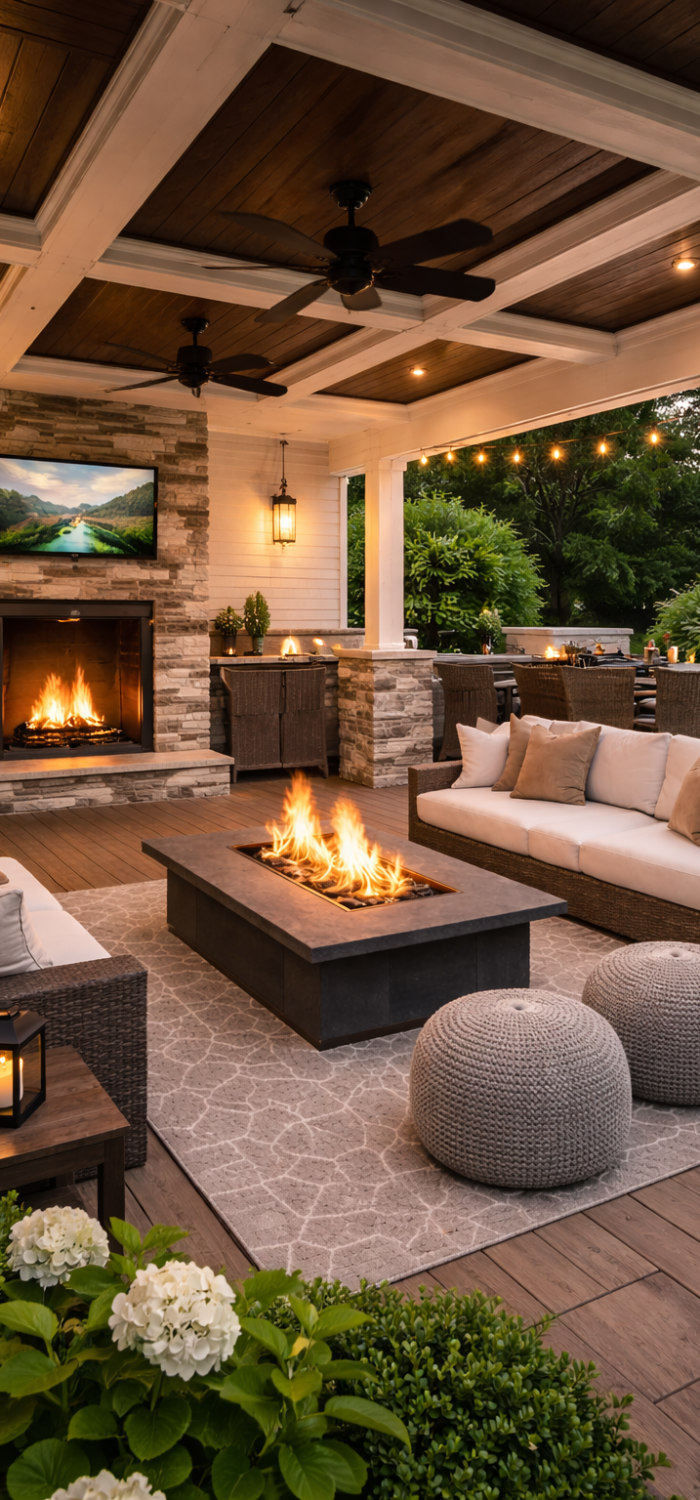 Covered patio remodeling with stone fireplace, wood ceiling, ceiling fans, and outdoor seating lounge area