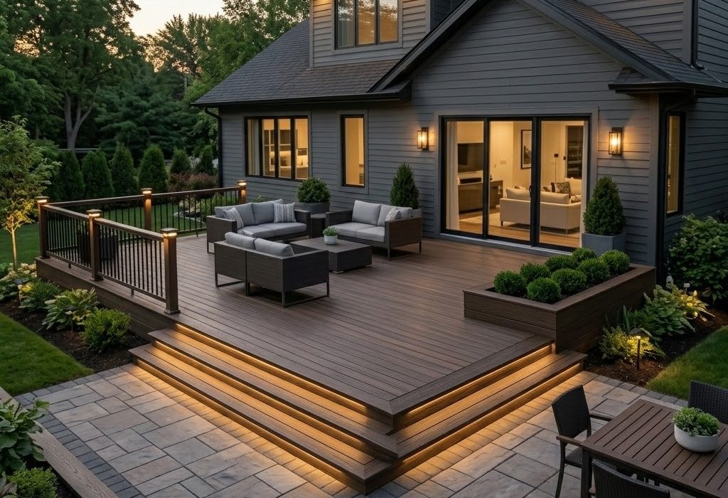 Modern Backyard Deck with LED Stair Lighting and Outdoor Seating