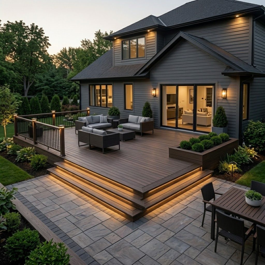 Modern Backyard Deck with LED Stair Lighting and Outdoor Seating