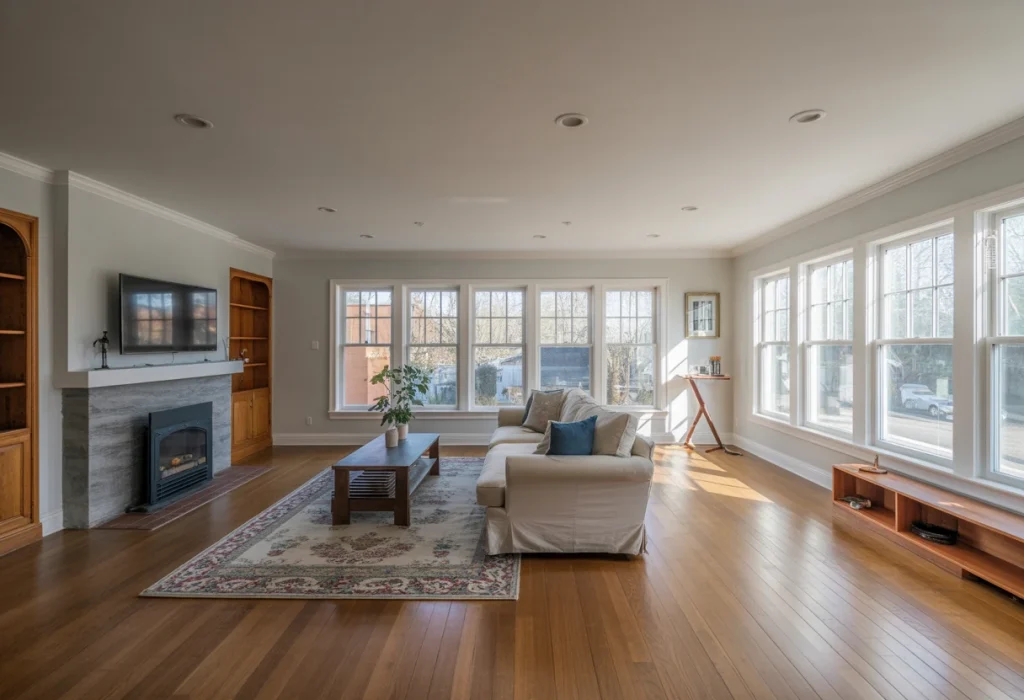 Garage conversion in Alexandria, VA transformed into an open finished living room with hardwood floors, stone fireplace surround with TV niche, built-in wood shelving, and multi-pane windows by Build Design Center