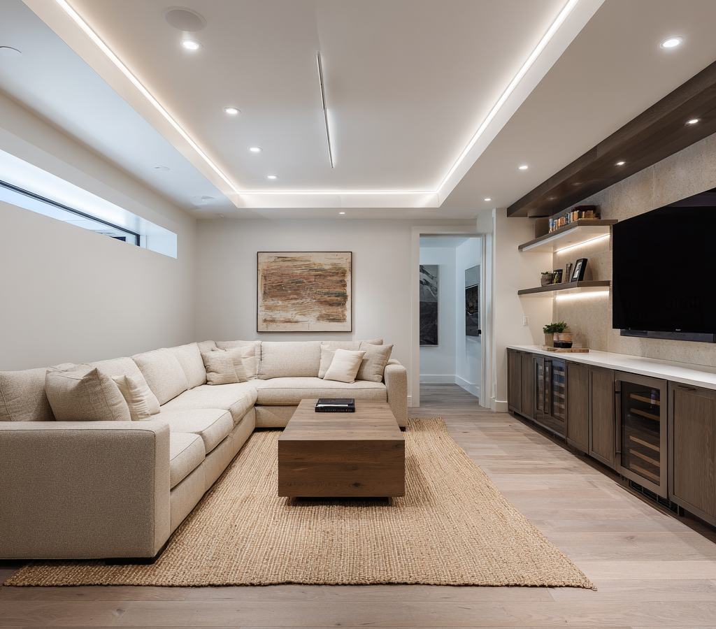 A high ceiling basement living room featuring a jute rug beige sectional sofa and clean architectural lines with layered lighting