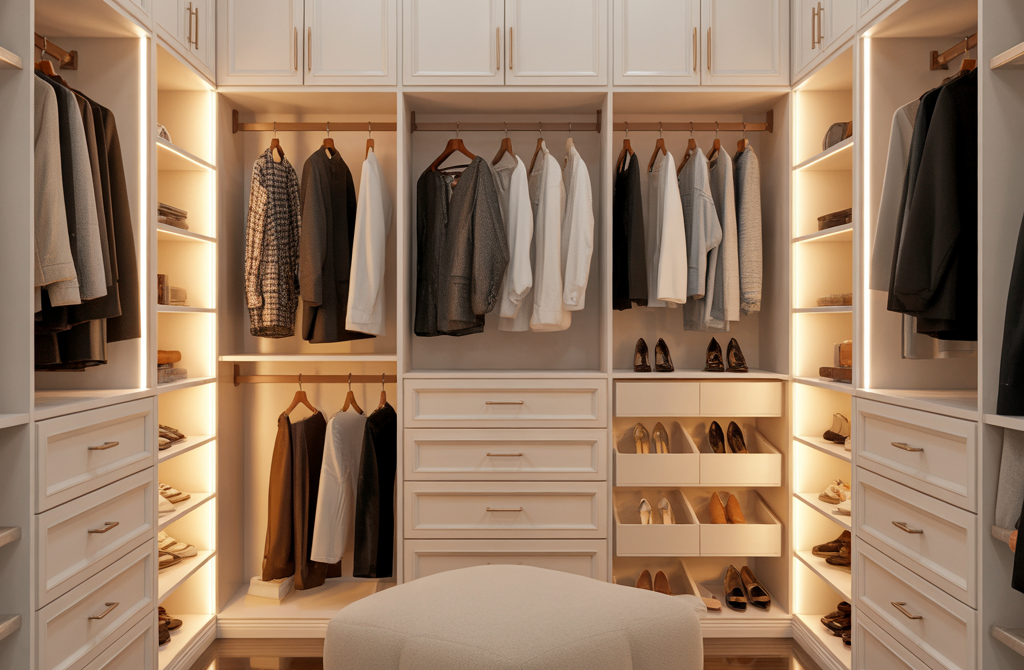 Symmetrical modern white walk-in closet design featuring vertical integrated warm LED lighting, curated hanging clothes, open shelves, drawer units, and a central plush ottoman on dark wood flooring
